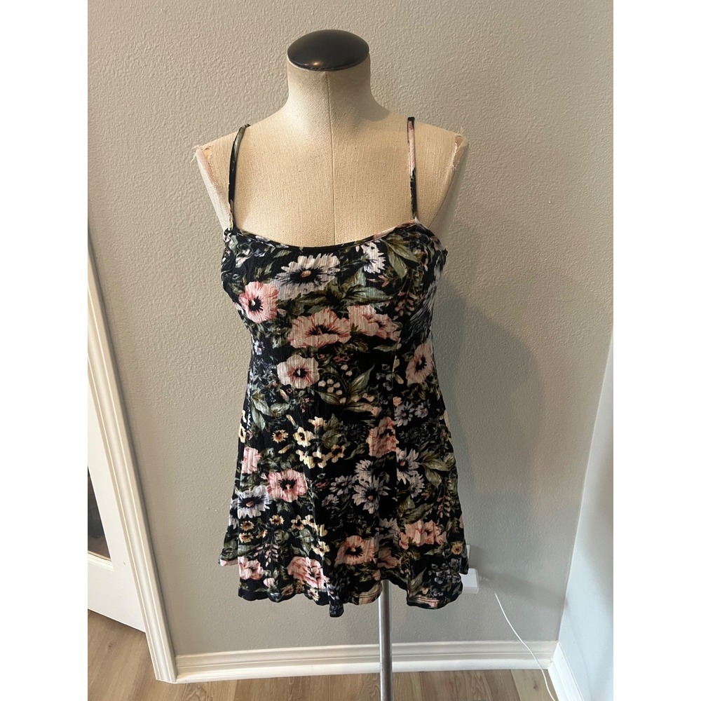 Wild Fable Women's S Black Floral Mini Dress Spaghetti Strap Fit Flare Cotton